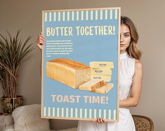 Arte mural de postre de brunch, ilustración de tostada con mantequilla, decoración acogedora para el rincón de café de la cocina, arte mural imprimible, descarga digital
