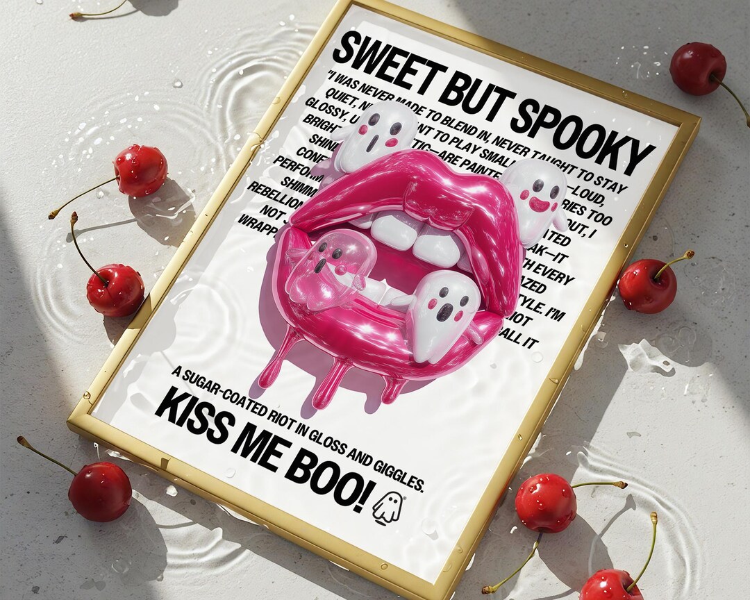 Kiss Me Boo! – Cute Halloween Ghost Poster, Glossy Lips Wall Art ...