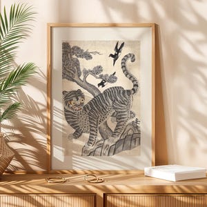 Koreanische Tigerelster Folk Art Print: Minhwa Hojakdo Digitales Poster (Digitaler Download)