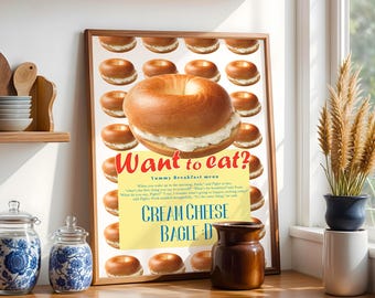 Cream Cheese Bagel Art Print, Funny Breakfast Food Poster, Kitchen Wall Decor
