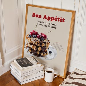 Chocolate Waffle Poster – Bon Appétit Digital Wall Art with Cherries & Berries, Kitchen Printable Decor