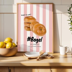 Bagel Poster - Digital Download, Cute Bakery Wall Art, Pink Striped Breakfast Printable