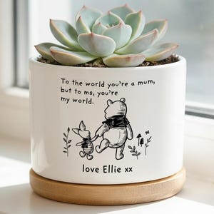 May include: White ceramic plant pot with a succulent. The pot has a black and white illustration of Winnie the Pooh and Piglet, with the text "To the world you're a mum, but to ms, you're my world. love Ellie xx". It sits on a wooden base.