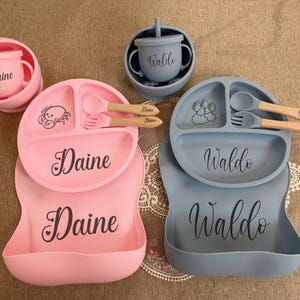 Personalized Cartoon Baby Weaning Set, Engraved Bib & Spoon, Silicone Feeding Plate, Custom Name Gift for Toddlers Shower Celebrations