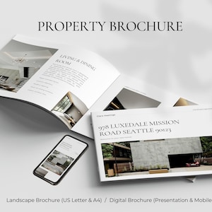 Op de afbeelding: Een open vastgoedbrochure met de titel "PROPERTY BROCHURE" toont interieurontwerpafbeeldingen. Er ligt een smartphone naast, met een vergelijkbaar ontwerp. De brochure bevat het adres "978 LUXEDALE MISSION ROAD SEATTLE 90123".