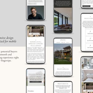 May include: Multiple smartphone screens displaying a real estate website with responsive design. The screens show property listings, interior photos, floor plans, and agent profiles with text headers like Modern Living, Timeless Comfort.