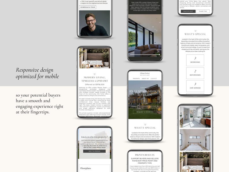 May include: Multiple smartphone screens displaying a real estate website with responsive design. The screens show property listings, interior photos, floor plans, and agent profiles with text headers like Modern Living, Timeless Comfort.