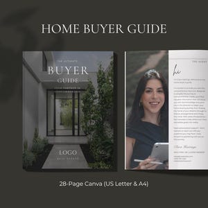May include: A 28-page Home Buyer Guide template in US Letter and A4 sizes. The cover features a modern house entrance with the text 'THE ULTIMATE BUYER GUIDE'. The interior pages display professional headshots, contact details, and text sections.