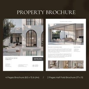 Op de afbeelding: Een vastgoedbrochure met de titel "PROPERTY BROCHURE" op een donkerbruine achtergrond. De brochure toont afbeeldingen van een modern huis, met details zoals het adres, de prijs en brochurespecificaties. De brochure is 21,6 x 27,9 cm en A4-formaat.