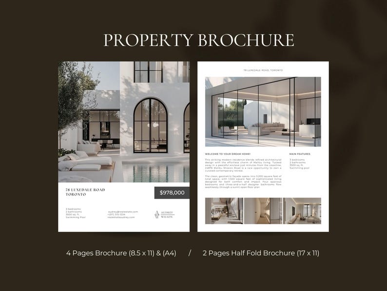 Op de afbeelding: Een vastgoedbrochure met de titel "PROPERTY BROCHURE" op een donkerbruine achtergrond. De brochure toont afbeeldingen van een modern huis, met details zoals het adres, de prijs en brochurespecificaties. De brochure is 21,6 x 27,9 cm en A4-formaat.
