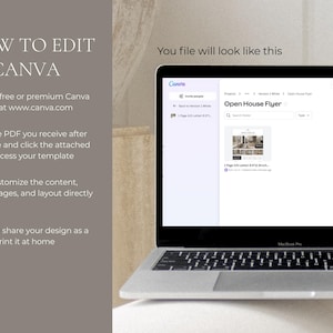 May include: A laptop displaying a Canva design interface with the text "Open House Flyer." The screen shows a template with an interior design image. Text on the left side explains how to edit the design in Canva.