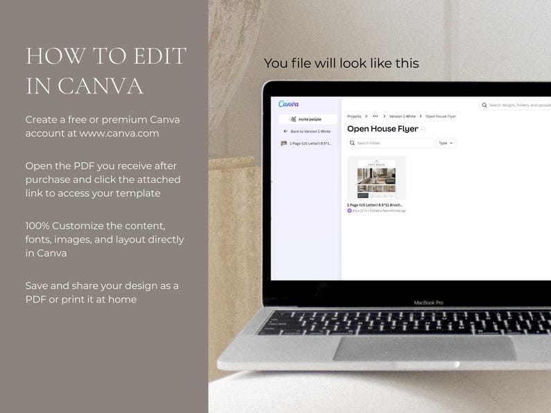 May include: A laptop displaying a Canva design interface with the text "Open House Flyer." The screen shows a template with an interior design image. Text on the left side explains how to edit the design in Canva.