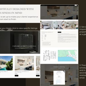 Op de afbeelding: Een digitale interface die de lay-out van een vastgoedwebsite toont. Het scherm bevat vastgoedvermeldingen, interieurfoto's, plattegronden, een kaart en een planningskalender met de tekst Explore Audrey's Listings.