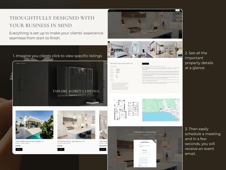 Op de afbeelding: Een digitale interface die de lay-out van een vastgoedwebsite toont. Het scherm bevat vastgoedvermeldingen, interieurfoto's, plattegronden, een kaart en een planningskalender met de tekst Explore Audrey's Listings.