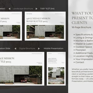 May include: A digital brochure presentation showcasing architectural designs. The image displays various formats, including US Letter, A4, and mobile presentations. Text highlights features like specifications, living spaces, and outdoor areas. The brochure features a modern home design.