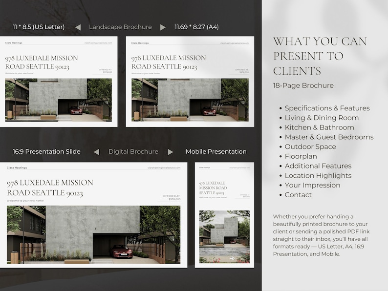 May include: A digital brochure presentation showcasing architectural designs. The image displays various formats, including US Letter, A4, and mobile presentations. Text highlights features like specifications, living spaces, and outdoor areas. The brochure features a modern home design.