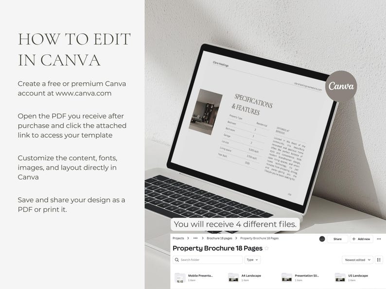 May include: A laptop displaying a Canva template for a property brochure. The screen shows specifications and features, with instructions on how to edit the template. The text includes "How to Edit in Canva" and "You will receive 4 different files."