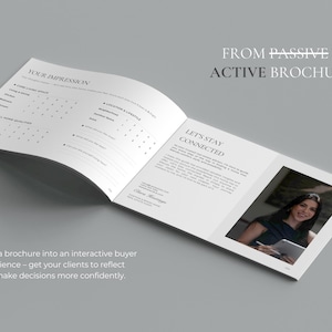 May include: An open brochure with text and a photo of a woman holding a tablet. The brochure's title is "Your Impression" and "Let's Stay Connected". The text "From Passive to Active Brochure" is also visible.