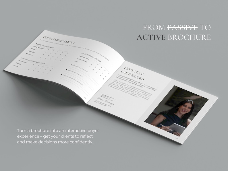 May include: An open brochure with text and a photo of a woman holding a tablet. The brochure's title is "Your Impression" and "Let's Stay Connected". The text "From Passive to Active Brochure" is also visible.