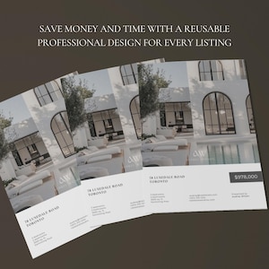 Op de afbeelding: Een stapel witte flyers met een modern architectonisch ontwerp. De flyers tonen een foto van een luxe huis en de tekst "SAVE MONEY AND TIME WITH A REUSABLE PROFESSIONAL DESIGN FOR EVERY LISTING."