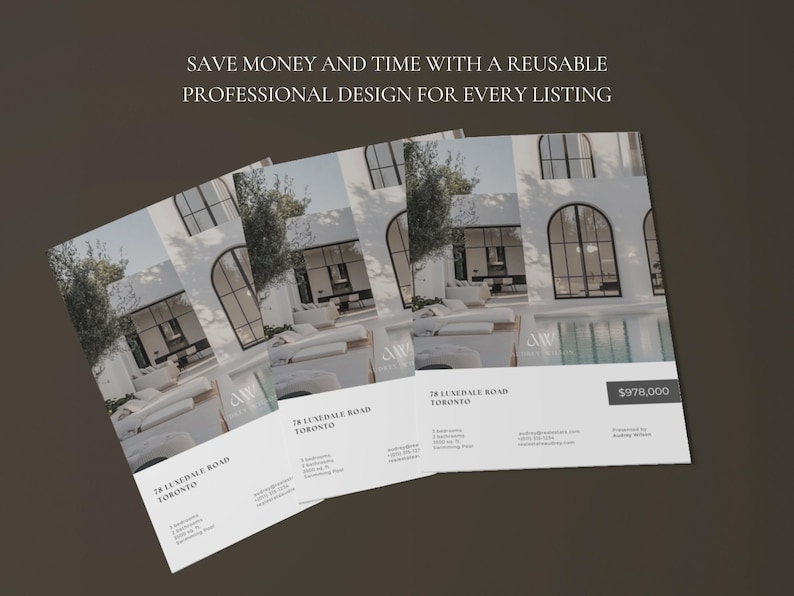 Op de afbeelding: Een stapel witte flyers met een modern architectonisch ontwerp. De flyers tonen een foto van een luxe huis en de tekst "SAVE MONEY AND TIME WITH A REUSABLE PROFESSIONAL DESIGN FOR EVERY LISTING."