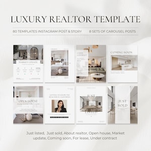 May include: A collection of eight templates for Instagram posts and stories, designed for real estate professionals. The templates feature clean, minimalist designs with text such as "Luxury Realtor Template", "Market Update", and "Coming Soon".