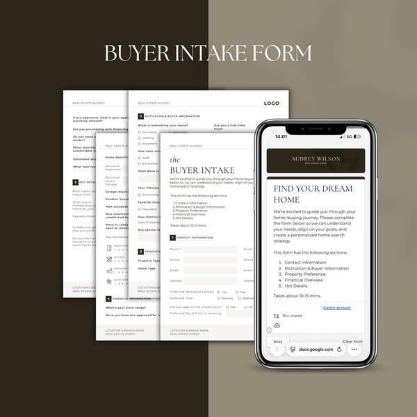 Real Estate Buyer Intake Questionnaires I Buyer Intake Form for Realtors I Google Form I Canva Template | Listing Consultation Questionnaire