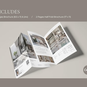 Op de afbeelding: Een brochure met een modern ontwerp, met interieurontwerp afbeeldingen en architectonische plannen. De brochure bevat een 4-pagina's versie (21,6 x 27,9 cm) en een 2-pagina's halfgevouwen versie (43,2 x 27,9 cm). Het woord "INCLUDES" staat bovenaan.