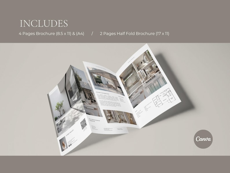 Op de afbeelding: Een brochure met een modern ontwerp, met interieurontwerp afbeeldingen en architectonische plannen. De brochure bevat een 4-pagina's versie (21,6 x 27,9 cm) en een 2-pagina's halfgevouwen versie (43,2 x 27,9 cm). Het woord "INCLUDES" staat bovenaan.