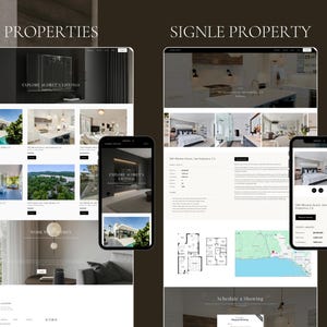 Op de afbeelding: Een digitaal display met twee websitelay-outs voor vastgoedvermeldingen op desktop- en mobiele schermen. De linkerkant toont een raster van vastgoedfoto's met het label PROPERTIES, de rechterkant toont een pagina voor &eacute;&eacute;n object met het label SIGNLE PROPERTY.
