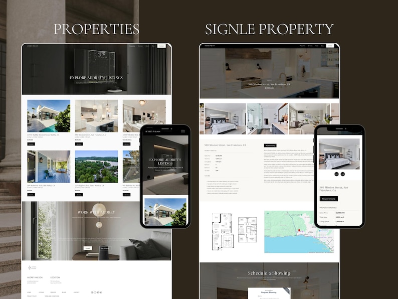 Op de afbeelding: Een digitaal display met twee websitelay-outs voor vastgoedvermeldingen op desktop- en mobiele schermen. De linkerkant toont een raster van vastgoedfoto's met het label PROPERTIES, de rechterkant toont een pagina voor &eacute;&eacute;n object met het label SIGNLE PROPERTY.