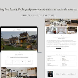 May include: A digital display showing a property listing website template on a laptop screen and a mobile view. The layout features a hero image of a modern house, property details including 3 bedrooms, 2 bathrooms, 2 car garage, and 2,500 sq ft.