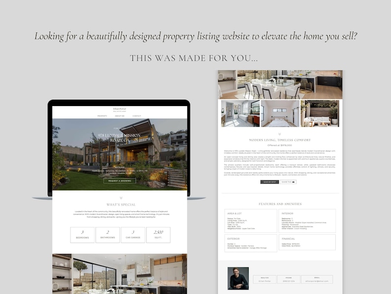 May include: A digital display showing a property listing website template on a laptop screen and a mobile view. The layout features a hero image of a modern house, property details including 3 bedrooms, 2 bathrooms, 2 car garage, and 2,500 sq ft.