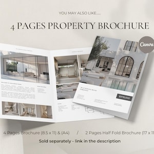 May include: A brochure with the text "4 PAGES PROPERTY BROCHURE" and the Canva logo. The brochure is open, displaying interior and exterior property images. The brochure dimensions are 8.5 x 11 inches and A4 size. A half-fold brochure is also shown.