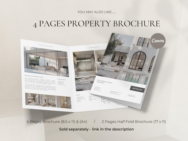 May include: A brochure with the text "4 PAGES PROPERTY BROCHURE" and the Canva logo. The brochure is open, displaying interior and exterior property images. The brochure dimensions are 8.5 x 11 inches and A4 size. A half-fold brochure is also shown.