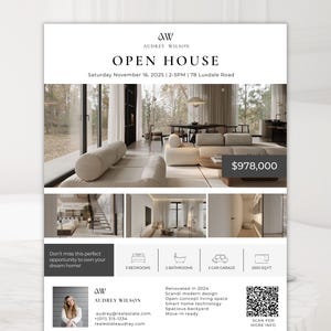May include: An open house flyer for Audrey Wilson Real Estate. The flyer features interior photos of a modern home, with the price listed as $978,000. The flyer includes details about the property, such as 3 bedrooms, 2 bathrooms, and a 2-car garage.