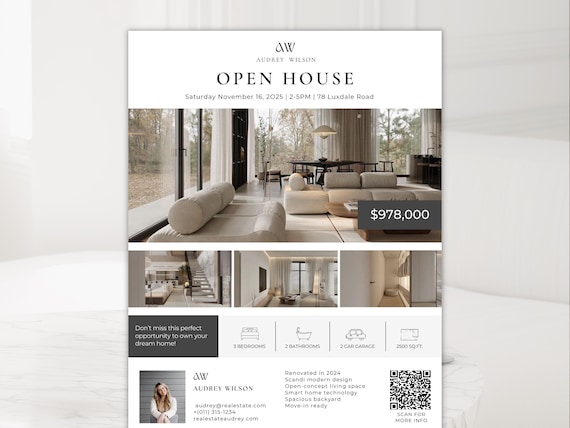 Real Estate Open House Flyer Luxury property Listing Brochure Modern Real Estate Marketing Template Property For Sale, Realtor Flyer QR Code
