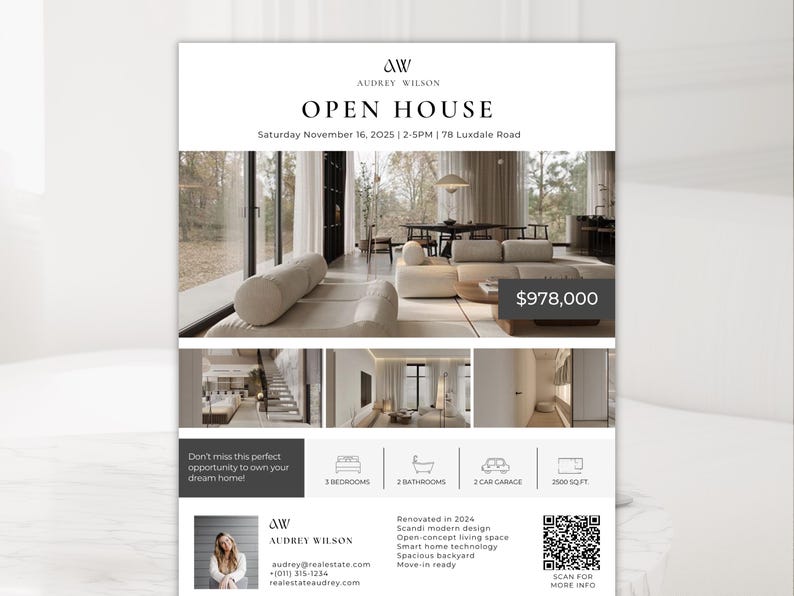 May include: An open house flyer for Audrey Wilson Real Estate. The flyer features interior photos of a modern home, with the price listed as $978,000. The flyer includes details about the property, such as 3 bedrooms, 2 bathrooms, and a 2-car garage.
