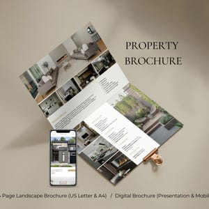 Peut inclure: Une brochure immobilière avec des images intérieures et extérieures, ainsi qu'un smartphone affichant une maison. La brochure est ouverte, montrant plusieurs pages avec du texte et des photos. Le texte "PROPERTY BROCHURE" est affiché en haut. Brochure paysage de 4 pages.