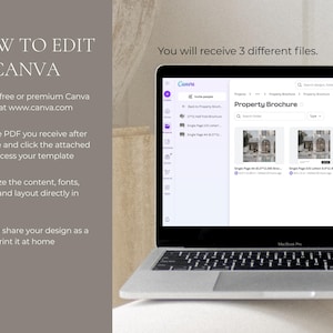 Op de afbeelding: Een laptop met de Canva-interface en het project "Property Brochure". Het scherm toont verschillende brochure-ontwerpen. Links wordt uitgelegd hoe je in Canva kunt bewerken, inclusief het aanmaken van een account, het openen van een PDF en het aanpassen van het ontwerp.