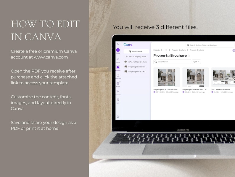 Op de afbeelding: Een laptop met de Canva-interface en het project "Property Brochure". Het scherm toont verschillende brochure-ontwerpen. Links wordt uitgelegd hoe je in Canva kunt bewerken, inclusief het aanmaken van een account, het openen van een PDF en het aanpassen van het ontwerp.