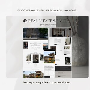 Op de afbeelding: Een digitale weergave van een website-sjabloon voor vastgoedbedrijven, met meerdere schermindelingen met foto's van luxe woningen, tekstblokken en contactformulieren, voorzien van de tekst REAL ESTATE WEBSITE.