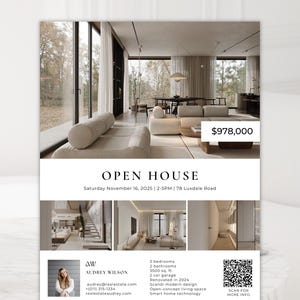 Könnte beinhalten: Immobilien-Flyer für einen Tag der offenen Tür mit Innenaufnahmen. Der Flyer zeigt den Text „TAG DER OFFENEN TÜR“ sowie Datum, Uhrzeit und Adresse. Der Preis beträgt 978.000 €. Weitere Details: 3 Schlafzimmer, 2 Badezimmer, 325,16 qm.