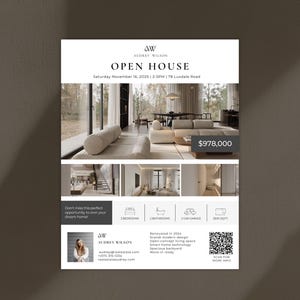 May include: Real estate open house flyer with the text "OPEN HOUSE" and "AUDREY WILSON". The flyer includes interior photos of a modern home, a price of $978,000, and details about the property.