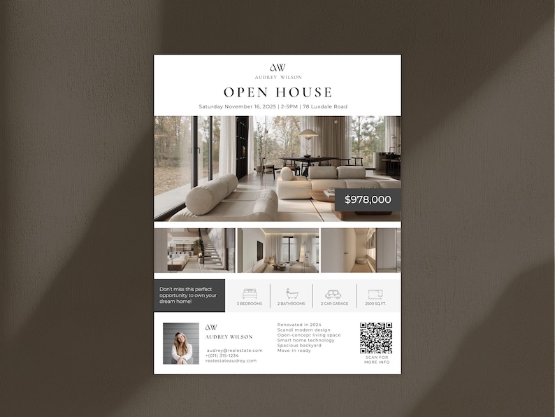 May include: Real estate open house flyer with the text "OPEN HOUSE" and "AUDREY WILSON". The flyer includes interior photos of a modern home, a price of $978,000, and details about the property.