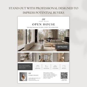 May include: A real estate flyer with the text "OPEN HOUSE" and "AUDREY WILSON" in a minimalist design. The flyer includes interior photos of a modern home, a price of $978,000, and the date of the open house.