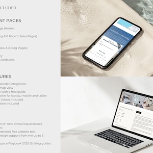 Op de afbeelding: Een digitaal productoverzicht met een smartphone die een boekingskalender toont en een laptop met een vastgoedpagina. De tekst somt websitepagina's, belangrijkste functies en voordelen op, inclusief een korting.