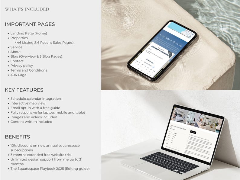 Op de afbeelding: Een digitaal productoverzicht met een smartphone die een boekingskalender toont en een laptop met een vastgoedpagina. De tekst somt websitepagina's, belangrijkste functies en voordelen op, inclusief een korting.