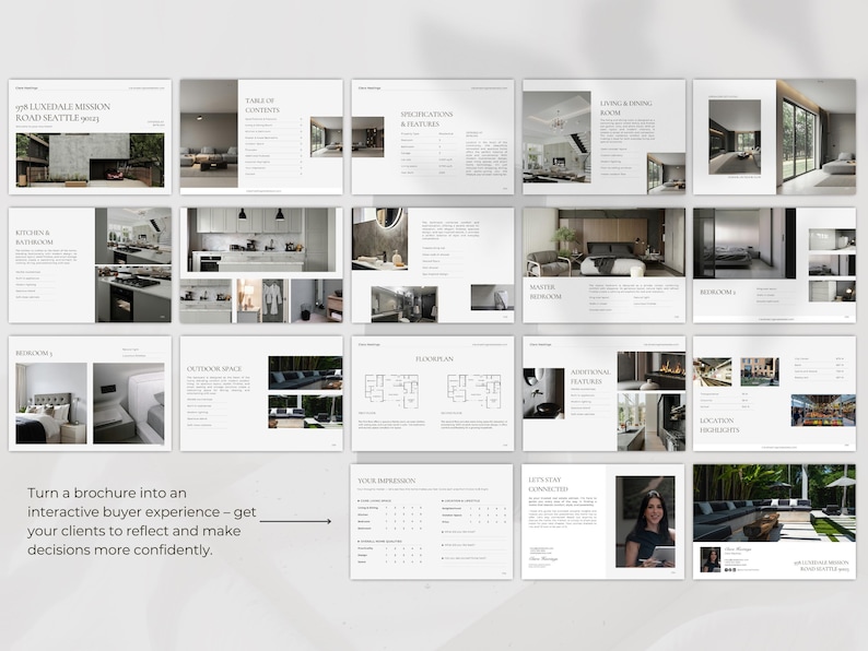 May include: A brochure layout with multiple pages showcasing interior design concepts. The pages feature images of kitchens, bedrooms, and outdoor spaces, along with floor plans and specifications. Text includes "Luxdale Mission Road Seattle" and "Table of Contents".