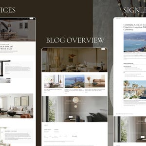 Op de afbeelding: Een digitale weergave van drie website-paginalay-outs met de labels Services, Blog Overview en Single Blog. De ontwerpen bevatten witte achtergronden, schreefletters en fotografische afbeeldingen van interieurs en de Golden Gate Bridge.